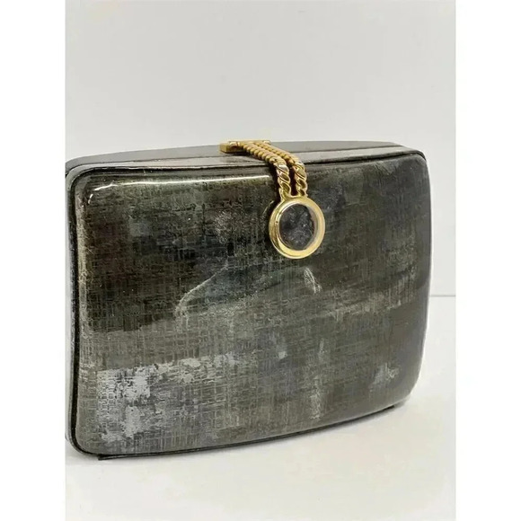 Vintage 1950s Grey Marbled Lucite Clutch with Gold Clasp & Gold Chain Strap - Picture 3 of 6
